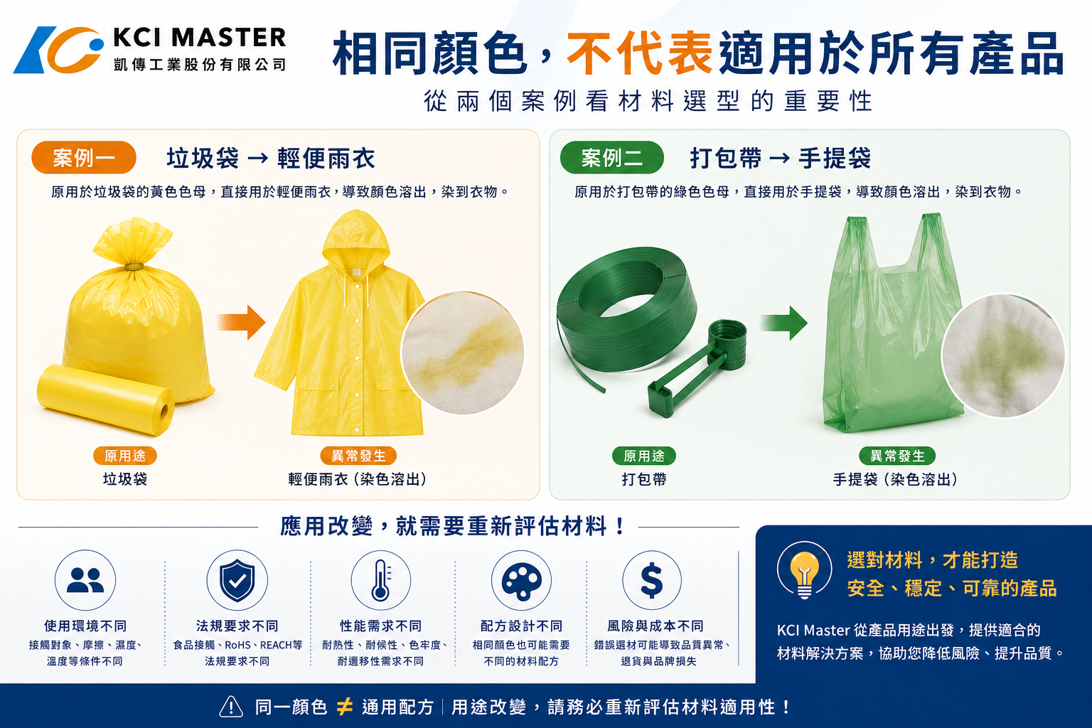 相同顏色的色母不代表適用於所有產品,從垃圾袋、輕便雨衣、打包帶與手提袋案例看材料選型的重要性