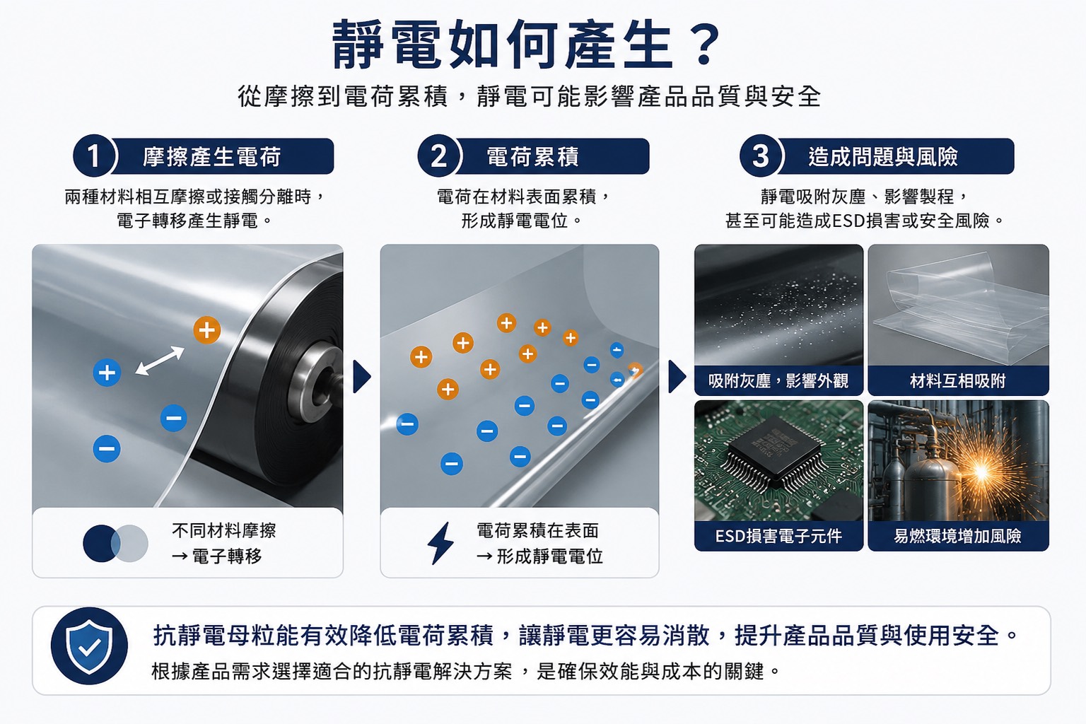 塑膠靜電如何產生:接觸摩擦、電子轉移、電荷累積與靜電影響流程圖
