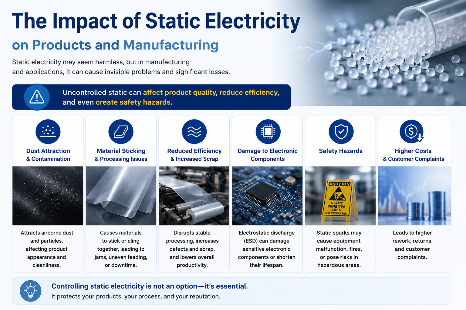 The impact of static electricity on plastic products and manufacturing, including dust attraction, material sticking, reduced efficiency, ESD damage, safety hazards and higher costs